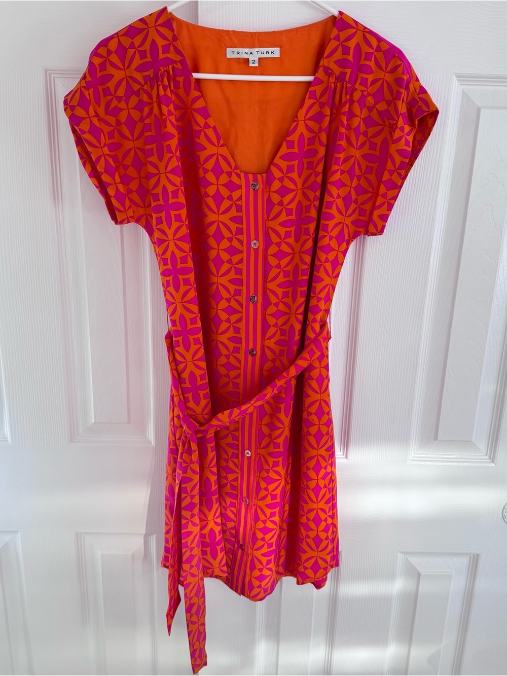 Trina Turk Silk Dress Pink and Orange Geometric Print